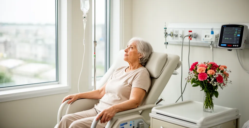Senior confortablement installée dans une chambre particulière d'hôpital moderne