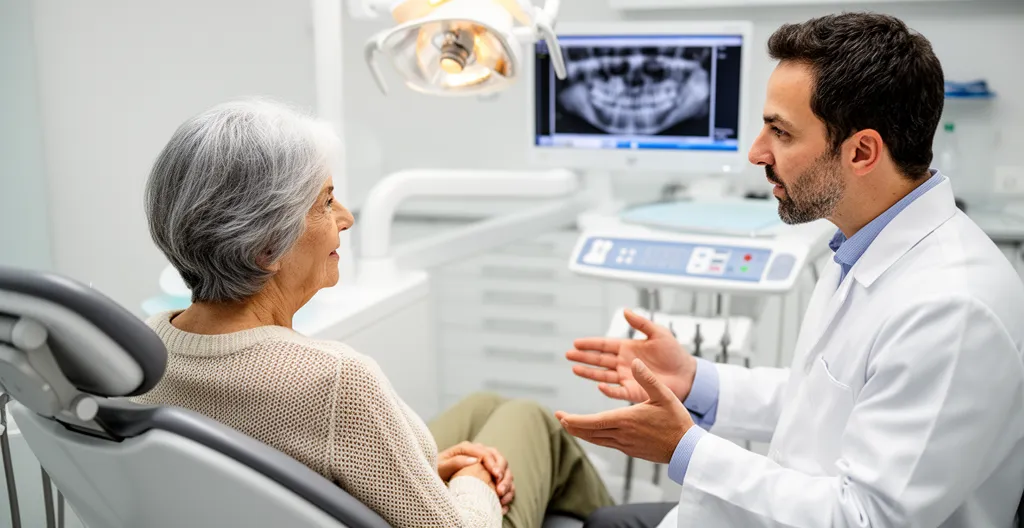 Patiente senior écoutant les explications de son dentiste lors d'une consultation mutuelle dentaire