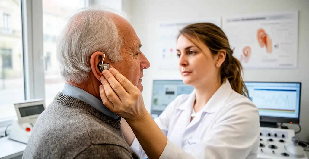 Senior de profil lors du réglage d'une aide auditive par un audioprothésiste