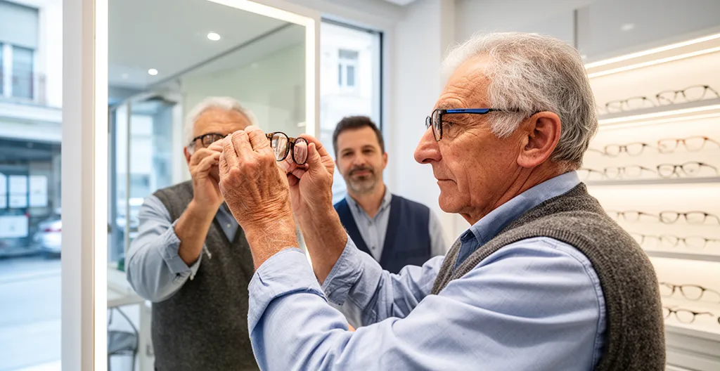 Senior essayant des lunettes progressives chez un opticien spécialisé