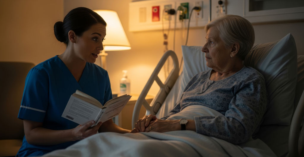 Senior confortablement installée dans une chambre particulière d'hôpital moderne